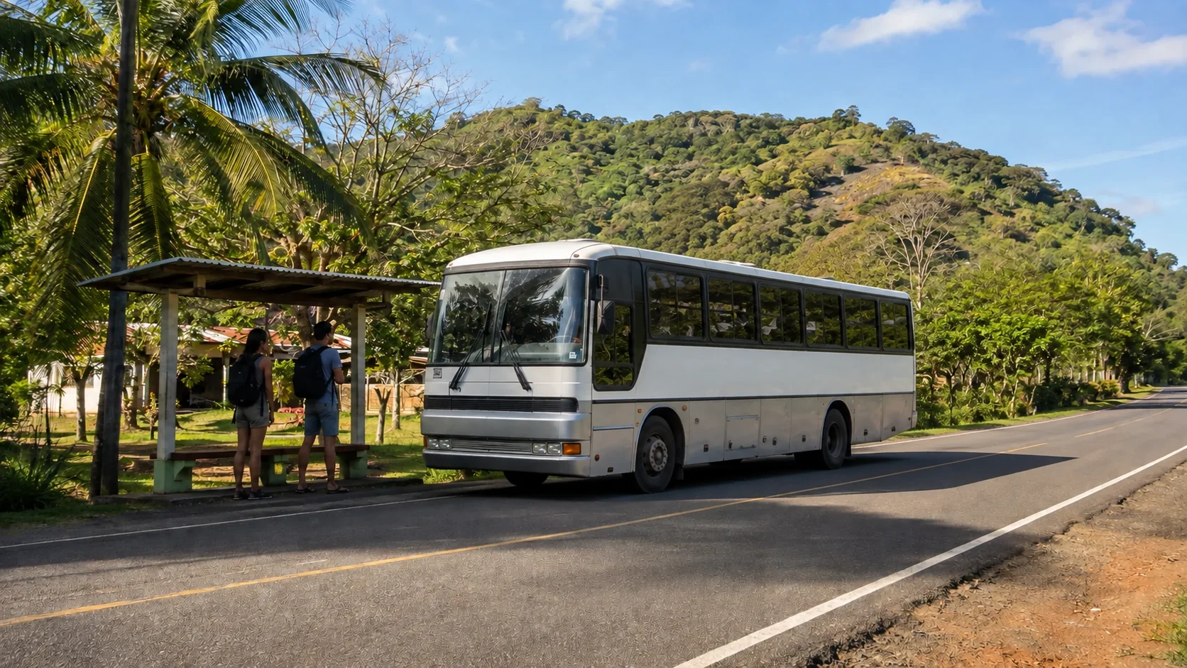 Public bus stopping for travelers beside a tropical road in Guanacaste, Costa Rica